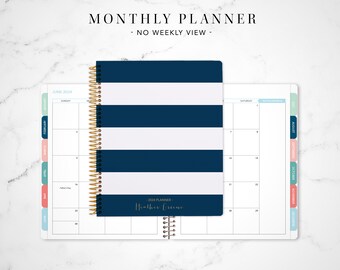 2024 monthly planner with TABS 7x9 / 12 month calendar / choose your start month / 2023-2024 month at a glance MAG / navy gold stripes