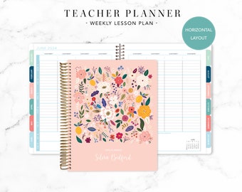 2024 2025 HORIZONTAL TEACHER PLANNER 7x9 2024-2025 teacher lesson plan weekly calendar / pink folk floral