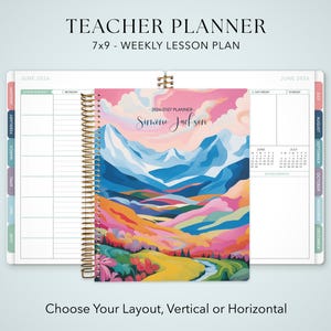 May include: A 18x23 cm teacher planner with a spiral binding. The cover features a colourful landscape illustration of mountains and a river. The interior pages show a weekly lesson plan layout with monthly tabs and the text 2026/2027 PLANNER Simone Jackson.