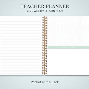 The image is a teacher planner with a blank weekly lesson plan page and a lined notebook section.