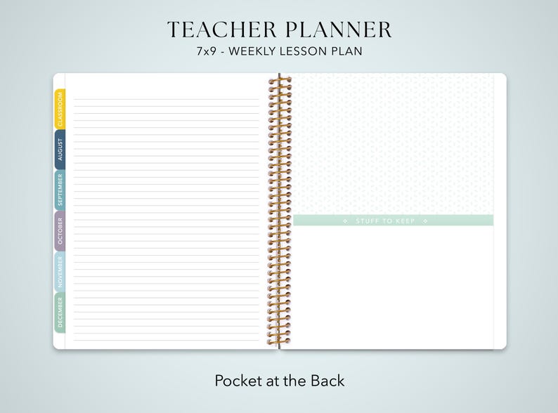 The image is a teacher planner with a blank weekly lesson plan page and a lined notebook section.
