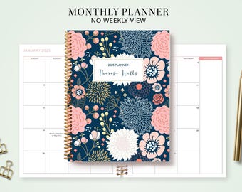 2027 monthly planner 7x9 / personalized calendar / choose your start month /  navy pink gold floral