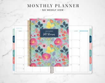 2024 monthly planner with TABS 7x9 / 12 month calendar / choose your start month / 2023-2024 month at a glance MAG / blue spring flowers