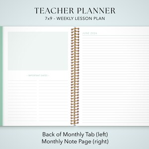 The image is a teacher planner with a weekly lesson plan for the months of June, July, and August. The planner has a spiral binding and a blank page for recording important dates. The back of the planner shows a Monthly Tab (left) with a Monthly Note Page (right) for the months of June, July, and August.