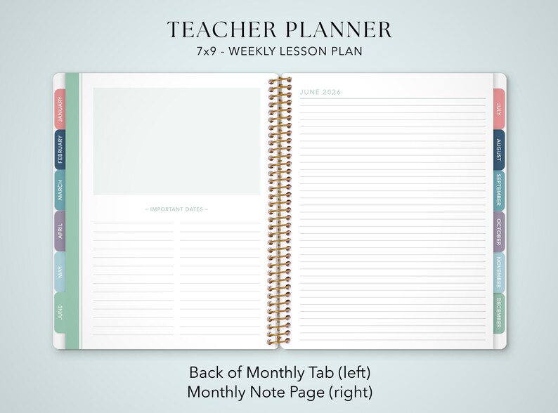 The image is a teacher planner with a weekly lesson plan for the months of June, July, and August. The planner has a spiral binding and a blank page for recording important dates. The back of the planner shows a Monthly Tab (left) with a Monthly Note Page (right) for the months of June, July, and August.