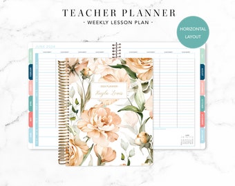 2024 2025 HORIZONTAL TEACHER PLANNER 7x9 2024-2025 teacher lesson plan weekly calendar / peach watercolor roses