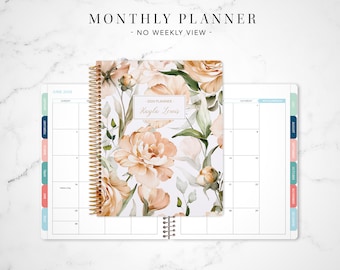 2024 monthly planner with TABS 7x9 / 12 month calendar month at a glance / peach watercolor roses