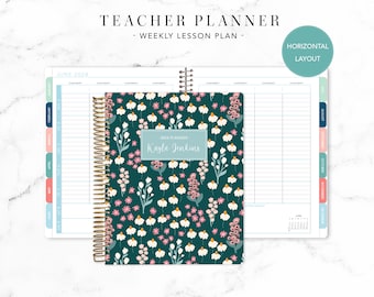 2024 2025 HORIZONTAL TEACHER PLANNER 7x9 2024-2025 teacher lesson plan weekly calendar / bright florals green pink