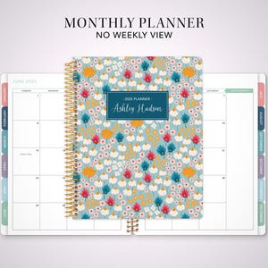 2026 monthly planner with TABS 7x9 / 12 month calendar / choose your start month / 2025-2026 month at a glance / bright florals blossoms