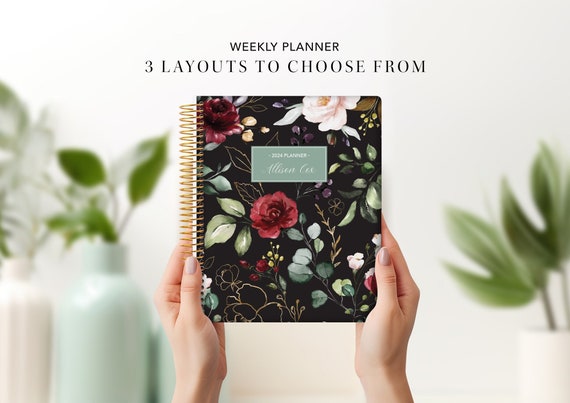 2027 planner personalized | 7x9 student planner 2026-2027 weekly calendar agenda daytimer | black red watercolor roses