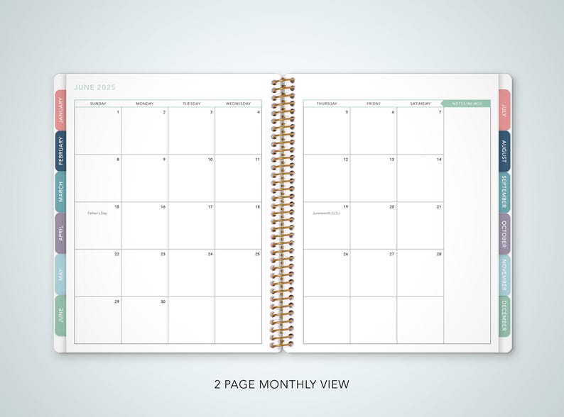 May include: A two-page monthly calendar spread for June 2023. The calendar is divided into seven columns for each day of the week, with a separate column for notes. The calendar is designed with a simple, clean layout and features a gold spiral binding.