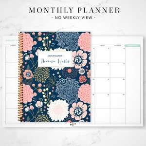 2024 monthly planner 7x9 / 12 month calendar / choose your start month / 2024-2025 month at a glance planner / navy pink gold floral image 1