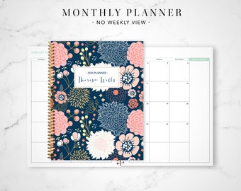 2024 monthly planner 7x9 / 12 month calendar / choose your start month / 2024-2025 month at a glance planner / navy pink gold floral