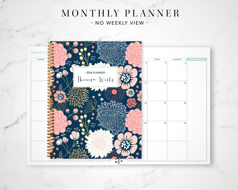2024 monthly planner 7x9 / 12 month calendar / choose your start month / 2024-2025 month at a glance planner / navy pink gold floral image 1