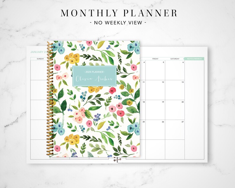 2024 monthly planner 7x9 / 12 month calendar / choose your start month / 2024-2025 month at a glance planner / colorful watercolor floral image 1