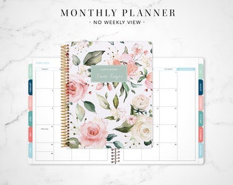 2024 monthly planner with TABS 7x9 / 12 month calendar month at a glance / pink white watercolor roses