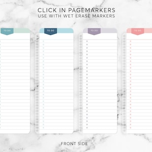 May include: Four rectangular to-do list notepads with rounded corners. Each notepad has a different colored header: teal, blue, purple, and pink. The text "TO DO" is printed on each header. The text "CLICK IN PAGEMARKERS USE WITH WET ERASE MARKERS" is printed at the top.