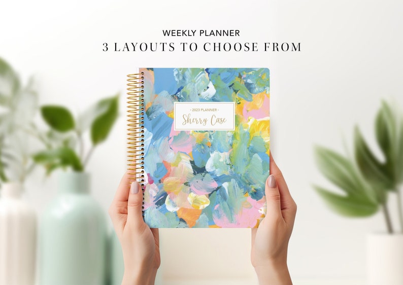 2024 planner personalized 7x9 student planner 2024-2025 weekly calendar agenda daytimer abstract acrylic painting colorful image 1