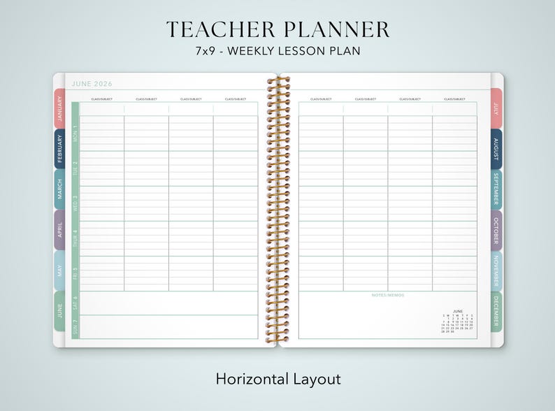 The image is a teacher planner for the week of June 26, 2026, with a horizontal layout. The plan includes a weekly lesson plan for the entire school year, with a detailed layout for each day of the week.