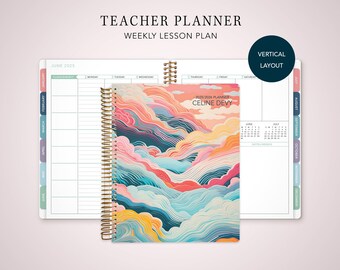 TEACHER PLANNER VERTICAL 7x9 - 2026-2027 teacher lesson plan - weekly calendar / rainbow clouds