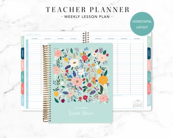 2024 2025 HORIZONTAL TEACHER PLANNER 7x9 2024-2025 teacher lesson plan weekly calendar / blue folk floral