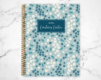notebook journal custom / personalized lined notebook / blank notebook / spiral bound notebook / bright floral blue white