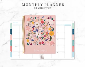 2024 monthly planner with TABS 7x9 / 12 month calendar / choose your start month / 2023-2024 month at a glance / pink folk floral