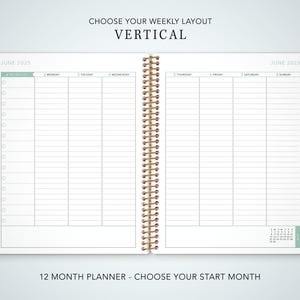 May include: A vertical weekly planner with a gold coil binding. The planner has tabs for each month of the year, starting with January and ending with December. The planner is open to the June 2025 pages, showing a blank weekly layout with columns for each day of the week.