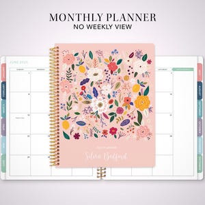 2026 monthly planner with TABS 7x9 / 12 month calendar / choose your start month / 2025-2026 month at a glance / pink folk floral