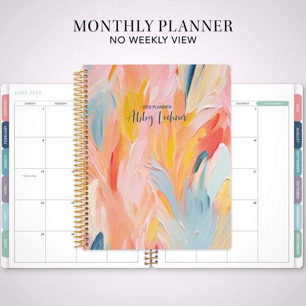 2027 monthly planner with TABS / 12 month calendar / choose your start month / colorful feather painting