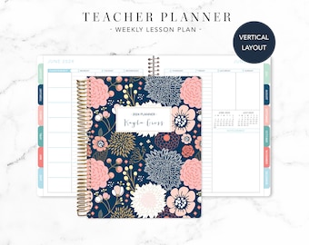 2024 2025 TEACHER PLANNER VERTICAL 7x9 2024-2025 teacher lesson plan weekly calendar / navy pink gold floral