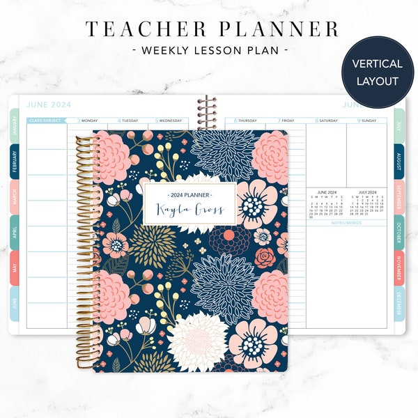 2024 2025 TEACHER PLANNER VERTICAL 7x9 2024-2025 teacher lesson plan weekly calendar / navy pink gold floral