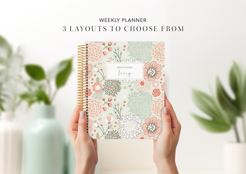 custom weekly planner 2024 7x9 12 month planner personalized planner weekly calendar agenda / sage pink gold floral image 1