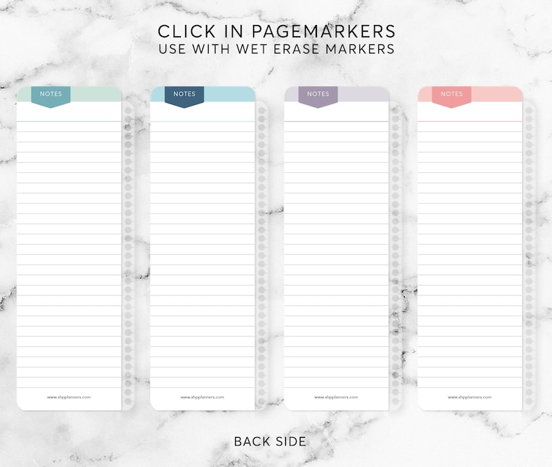 May include: Four rectangular notepads with lined pages and rounded corners. Each notepad has a different colored header: teal, blue, purple, and pink. The text "NOTES" is printed on each header. The text "CLICK IN PAGEMARKERS USE WITH WET ERASE MARKERS" is printed at the top.