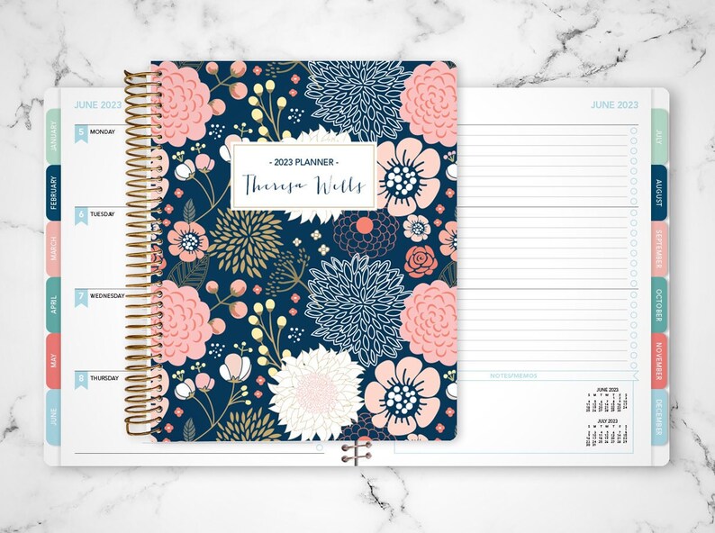 planner 2023 | 7x9 12 month planner | student planner HORIZONTAL LAYOUT weekly calendar | navy pink gold floral as seen on dr oz magazine 