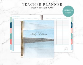 2024 2025 HORIZONTAL TEACHER PLANNER 7x9 2024-2025 teacher lesson plan weekly calendar / blue watercolor stripes