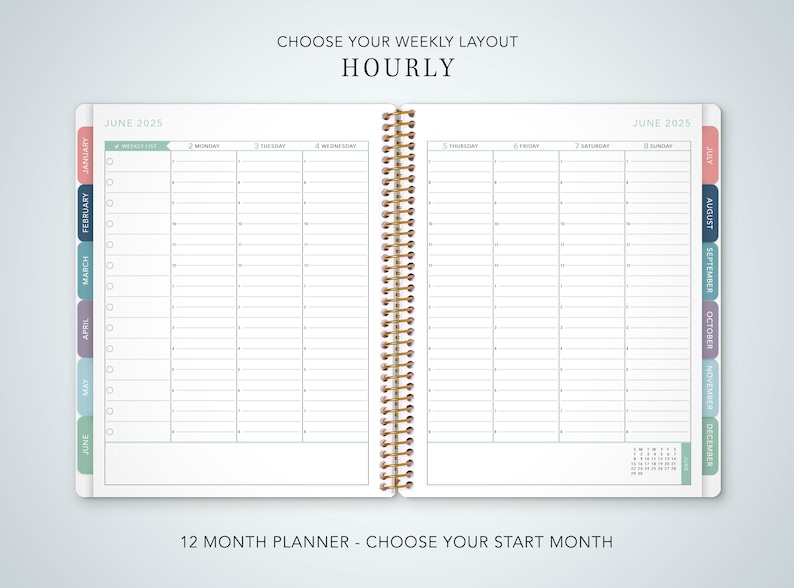May include: A 12-month hourly planner with a white cover and gold spiral binding. The planner has tabs for each month, starting with June and ending with December. The text "Choose your weekly layout" and "Hourly" is printed at the top of the planner.