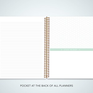 May include: An open spiral bound planner with a white background and lined pages. The left side has a tabbed section with the months of the year labeled in different colors. The right side has a green section with the text "Stuff to Keep".