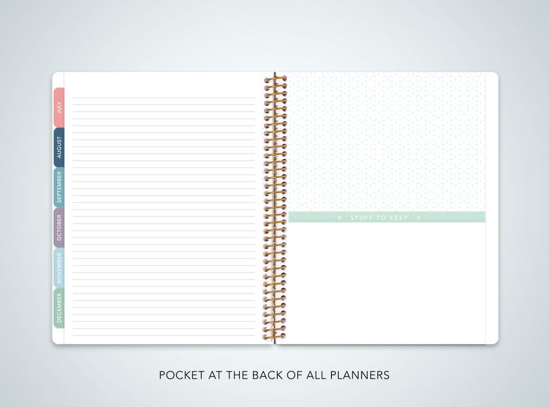 May include: An open spiral bound planner with a white background and lined pages. The left side has a tabbed section with the months of the year labeled in different colors. The right side has a green section with the text "Stuff to Keep".