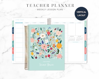 2024 2025 TEACHER PLANNER VERTICAL 7x9 2024-2025 teacher lesson plan weekly calendar / blue folk floral