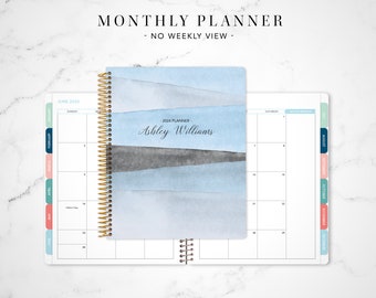 2024 monthly planner with TABS 7x9 / 12 month calendar / choose your start month / 2023-2024 month at a glance / blue watercolor stripes