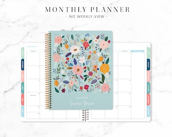 2024 monthly planner with TABS 7x9 / 12 month calendar / choose your start month / 2023-2024 month at a glance / blue folk floral
