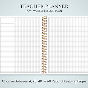 a teacher planner with a blank layout, allowing the user to customize the layout and choose between different record-keeping page sizes.