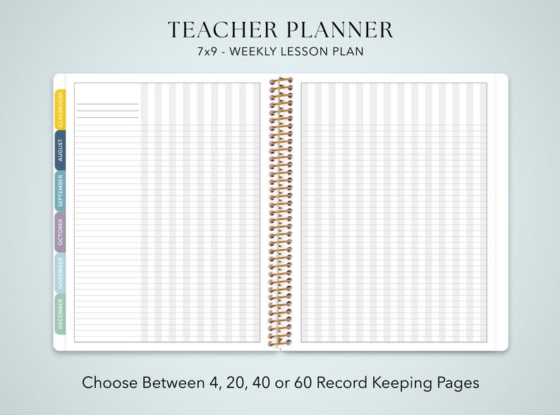 a teacher planner with a blank layout, allowing the user to customize the layout and choose between different record-keeping page sizes.