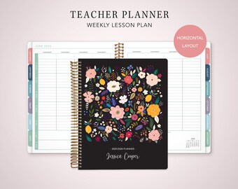 2026 2027 HORIZONTAL TEACHER PLANNER 7x9 2026-2027 teacher lesson plan weekly calendar / black folk floral