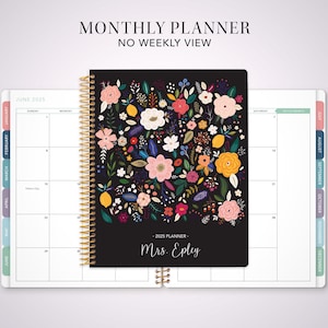 2026 monthly planner with TABS 7x9 / 12 month calendar / choose your start month / 2025-2026 month at a glance / black folk floral