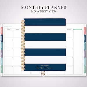 MONTHLY planner with TABS 7x9 / 12 month calendar / choose your start month / 2025-2026 month at a glance planner / navy gold stripes