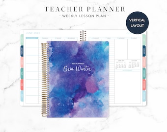 2024 2025 TEACHER PLANNER VERTICAL 7x9 2024-2025 teacher lesson plan weekly calendar / abstract watercolor blue and purple