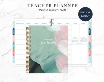 2024 2025 TEACHER PLANNER VERTICAL 7x9 2024-2025 teacher lesson plan weekly calendar / abstract painted green pink