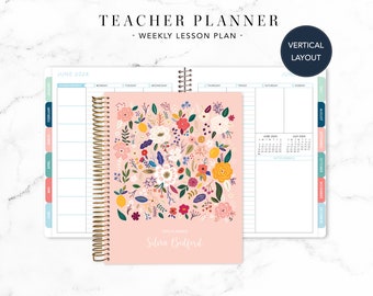 2024 2025 TEACHER PLANNER VERTICAL 7x9 2024-2025 teacher lesson plan weekly calendar / pink folk floral